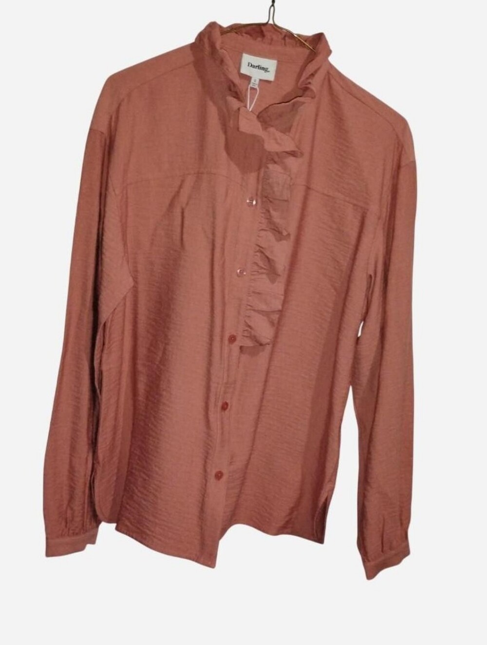 Darling. Dusty Rose Ruffle Trim Long-Sleeve Button-Up Blouse (Size Small, NWT)